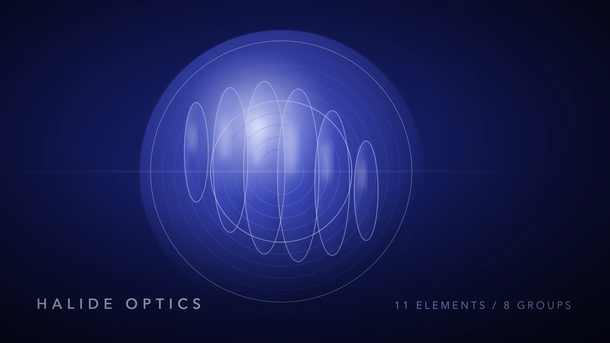 Wide deep-blue composition of concentric optical rings with a refracted highlight, from the Halide Optics launch.