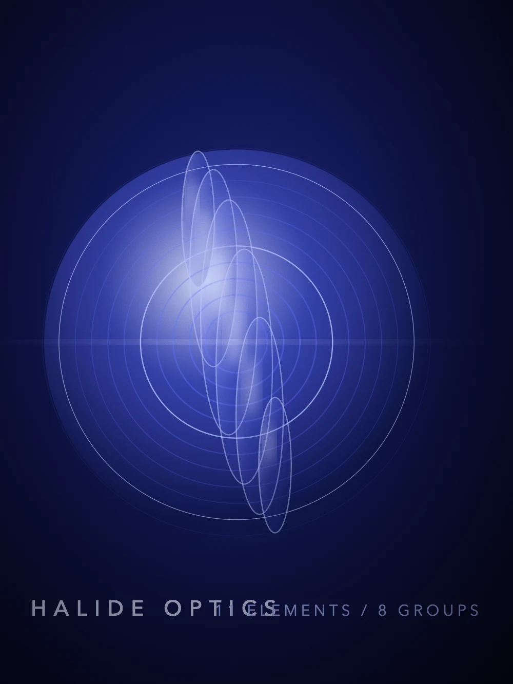 Tall composition of stacked lens element profiles in deep blue.