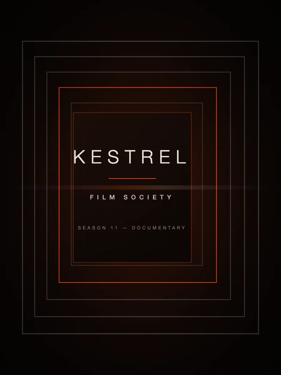 Vermilion and ink abstract composition of offset film frames and chromatic edges for the Kestrel Film Society identity.