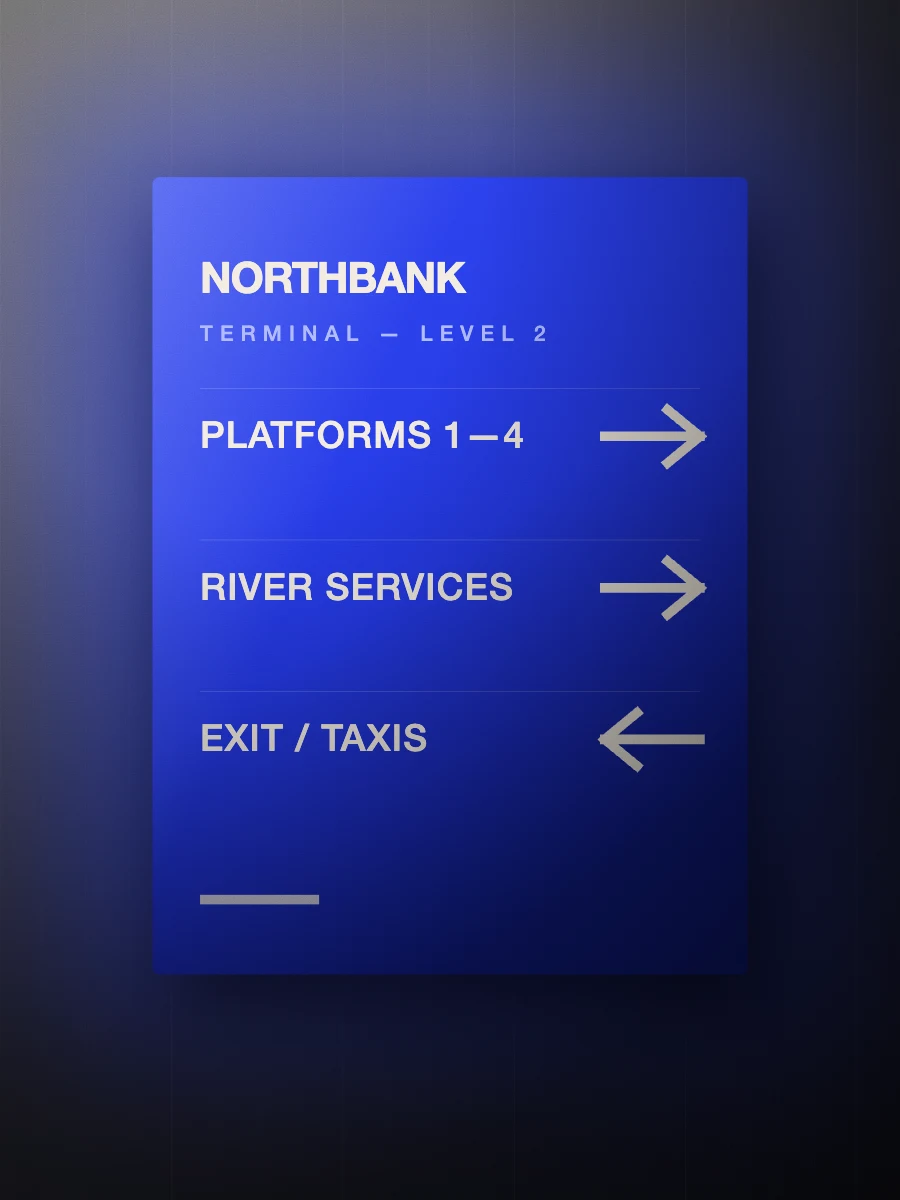 Ultramarine and concrete abstract composition of intersecting directional bars representing the Northbank wayfinding system.