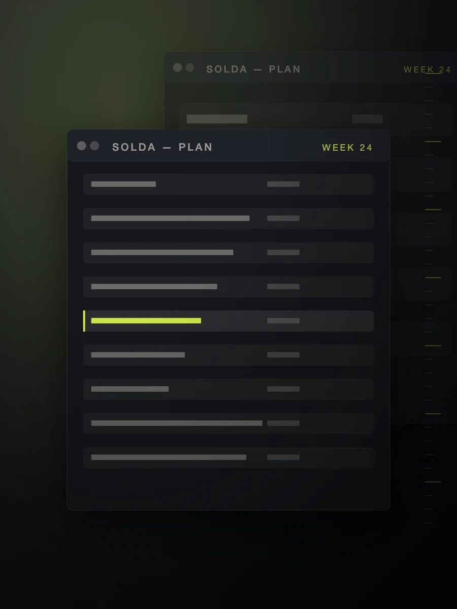 Acid green and ink abstract composition of stacked interface planes and a density ladder for the Solda design system.