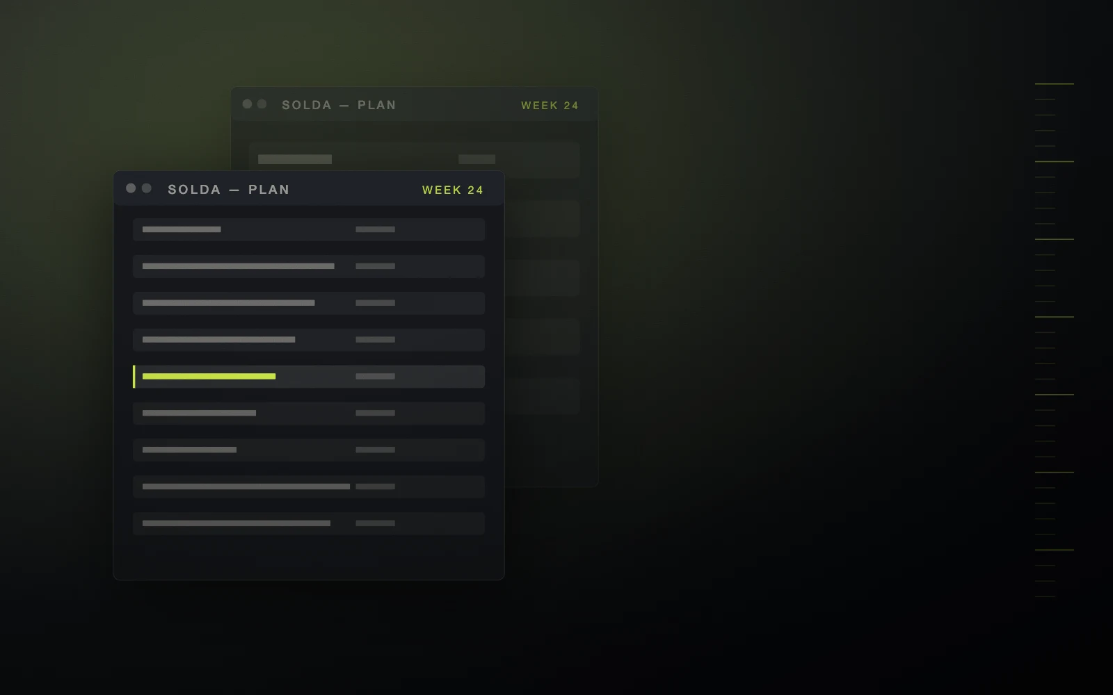 Layered dark interface planes with thin acid green indicators.